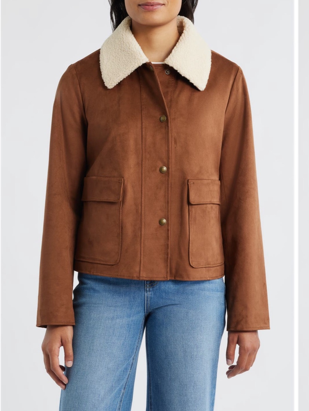 NWT Sam Edelman Brown Faux Leather Jacket with Cream Sherpa Collar